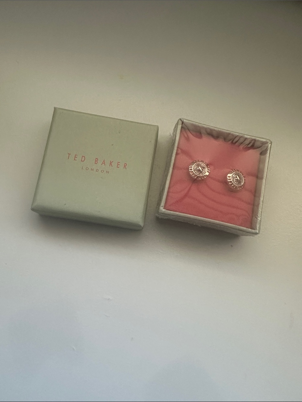 Ted Baker Rose Gold Logo Crystal Stud Earrings with Pink Box Accent